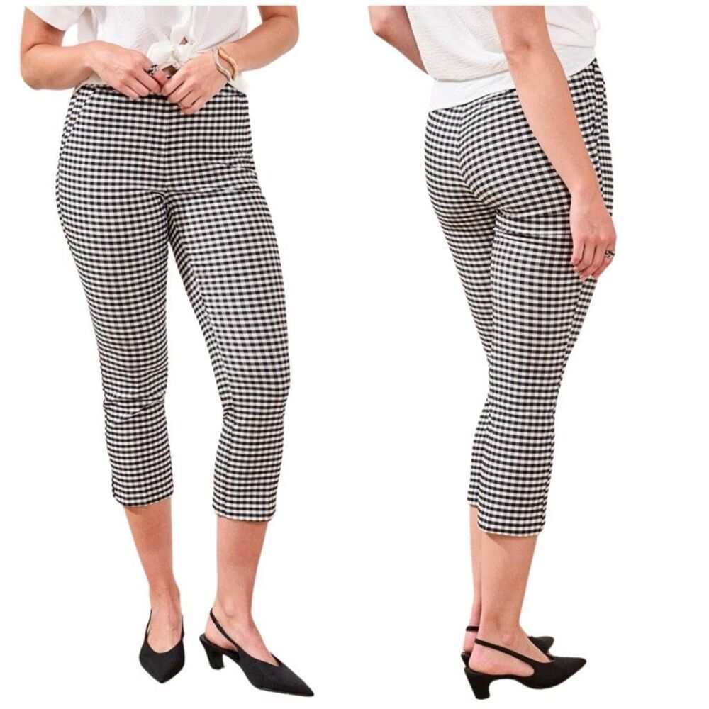 Adrianna Papell Size 8 Gingham Capri Pant Trousers Black White Career Wear